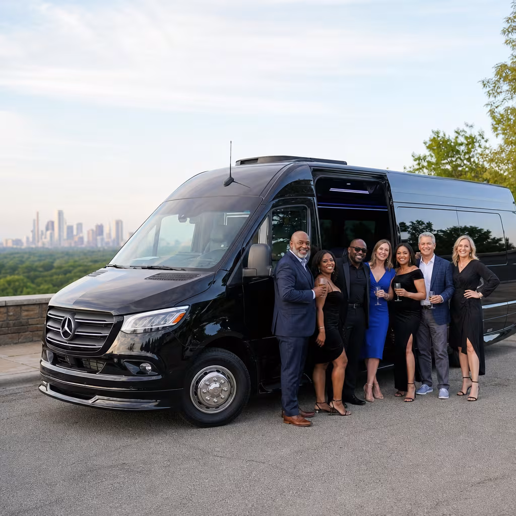 Group beside a Mercedes Sprinter limo from the Dallas fleet at the beach