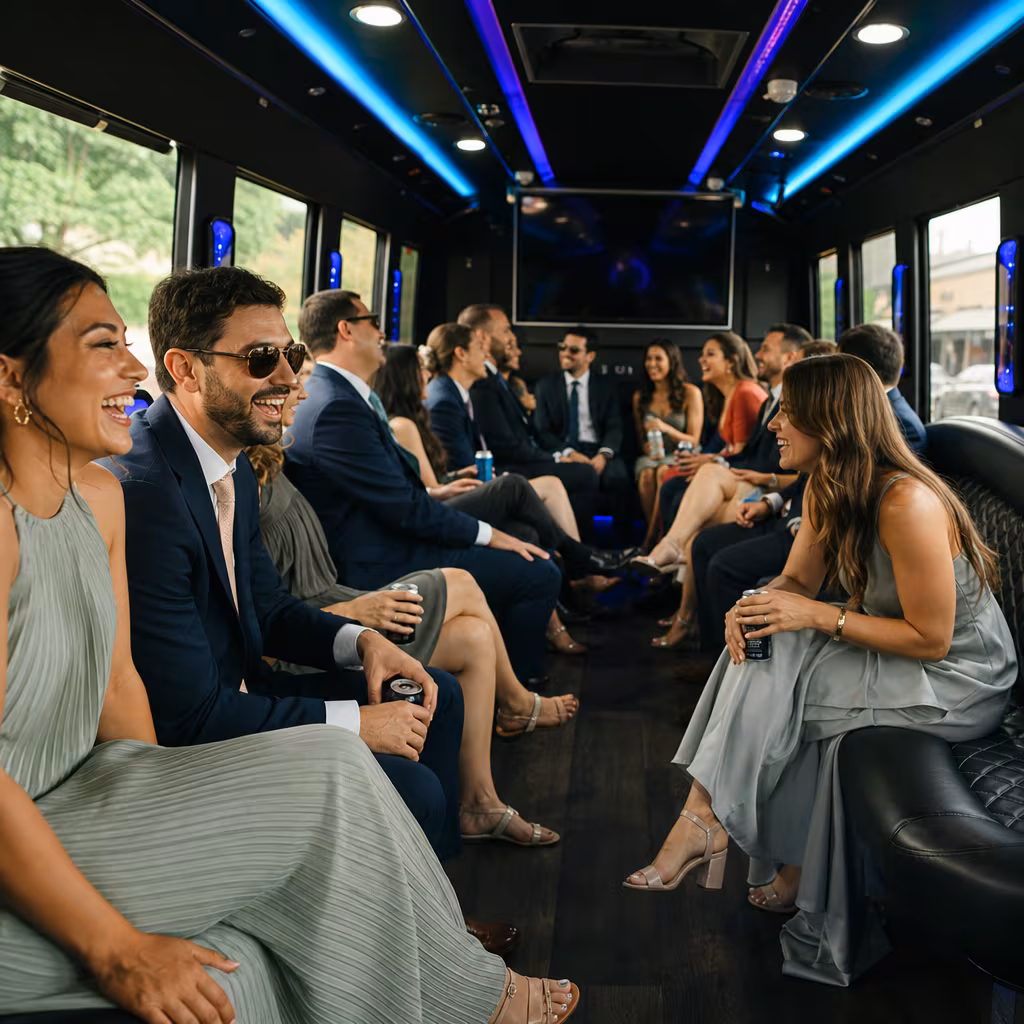 Wedding guests seated inside a Dallas party bus
