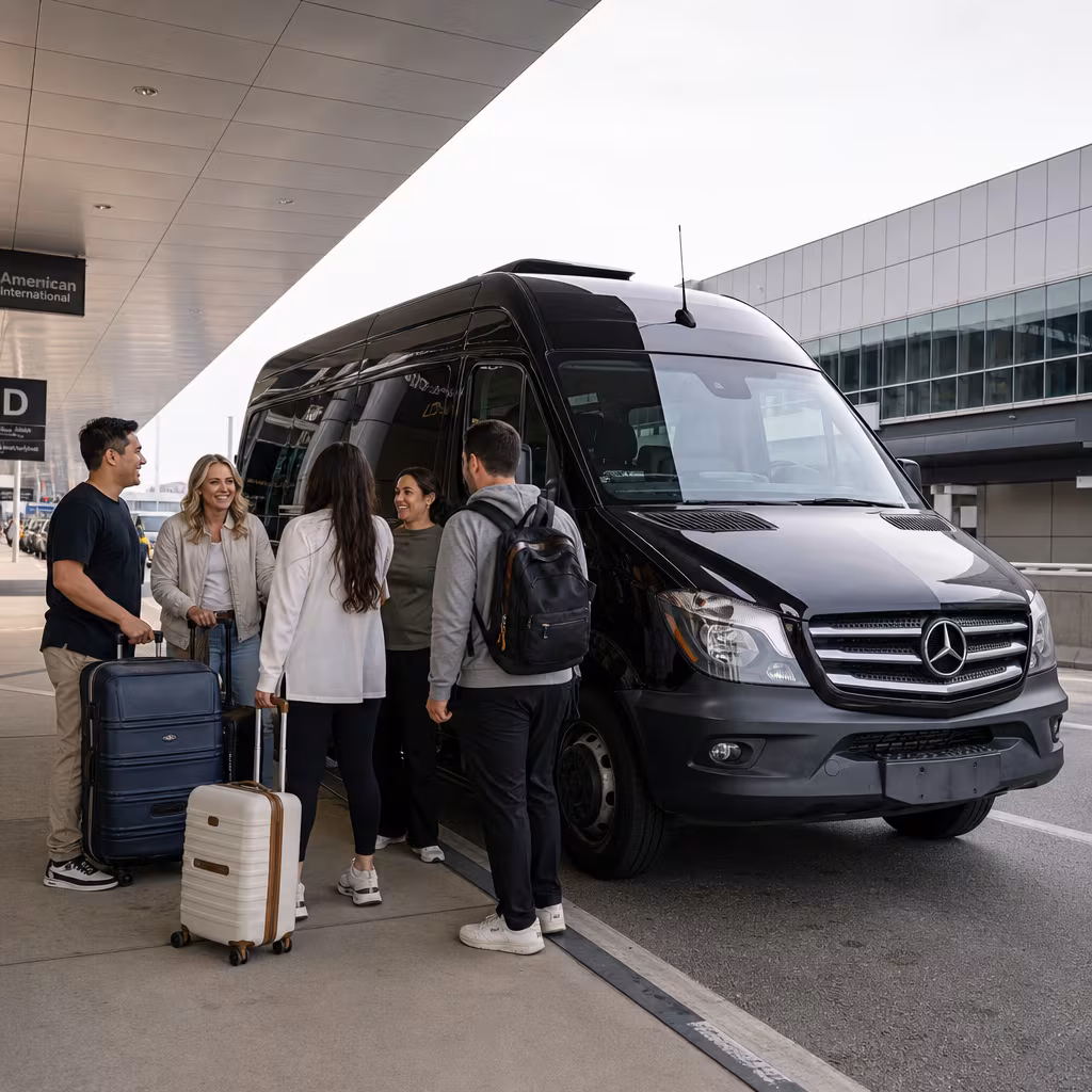 Group boarding a white charter bus for Airport Transportation transportation in Dallas
