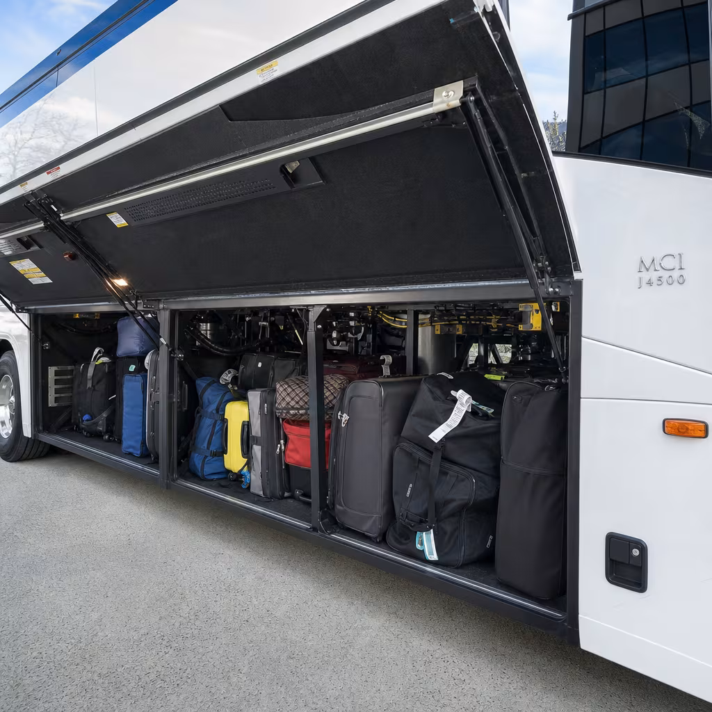 Party bus interior with wraparound leather seating and LED lighting in Dallas