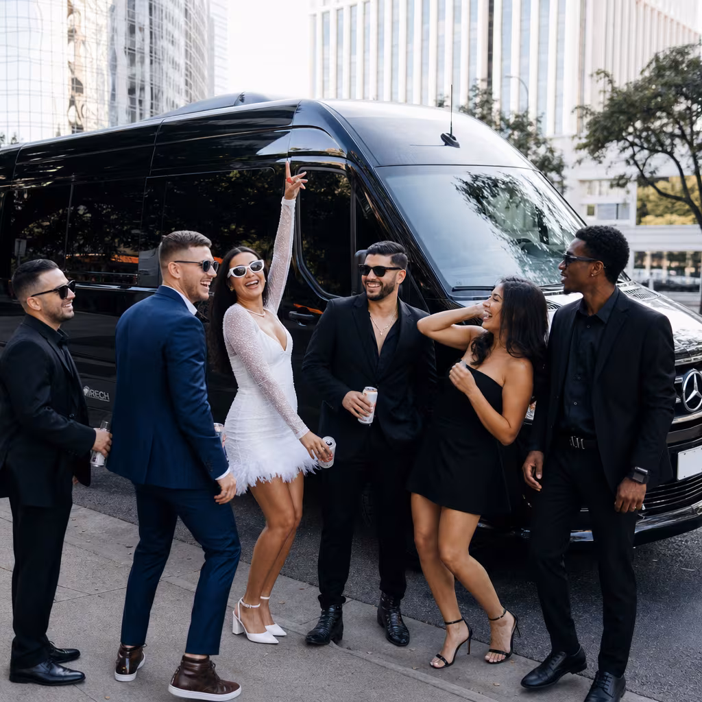 Group boarding a white charter bus for Bachelor & Bachelorette Transportation transportation in Dallas