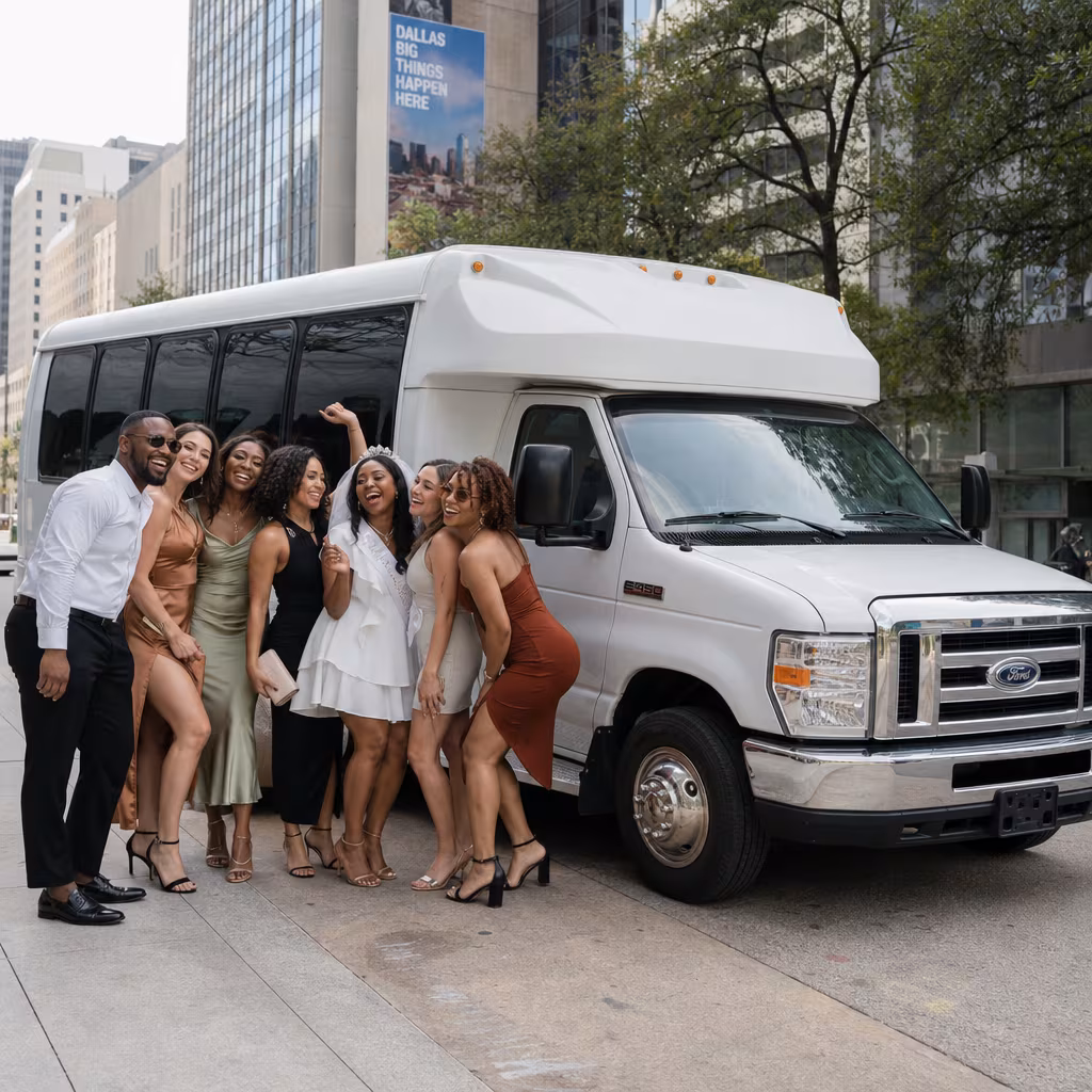 Black Mercedes Sprinter van staged for an Dallas Bachelor & Bachelorette Transportation group