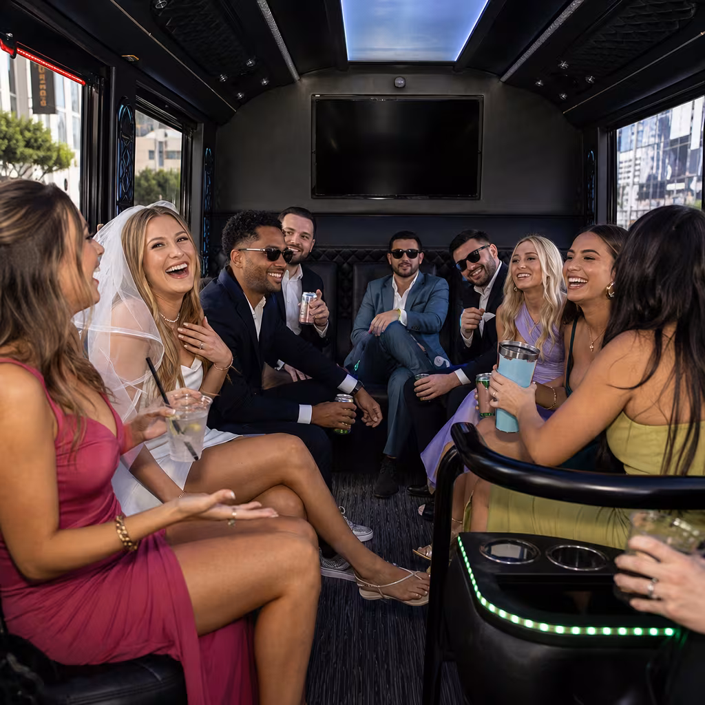 Party bus interior with wraparound leather seating and LED lighting in Dallas
