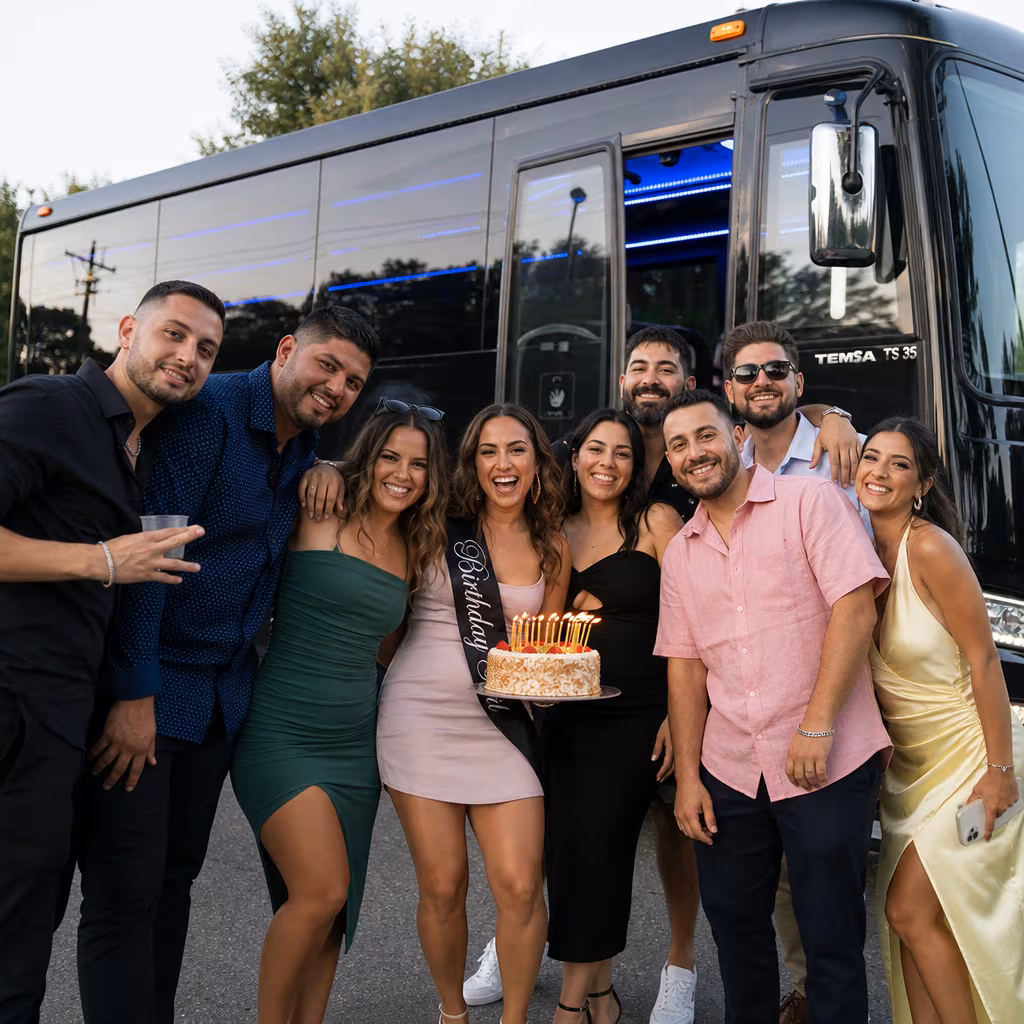Group boarding a white charter bus for Birthday Transportation transportation in Dallas