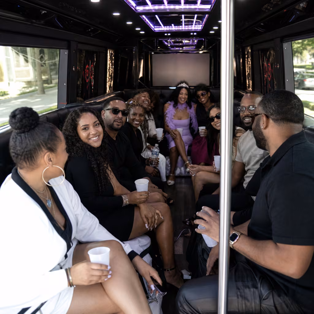 Black Mercedes Sprinter van staged for an Dallas Birthday Transportation group