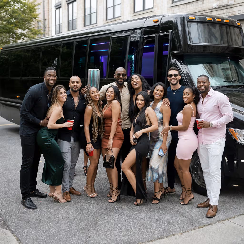 Party bus interior with wraparound leather seating and LED lighting in Dallas