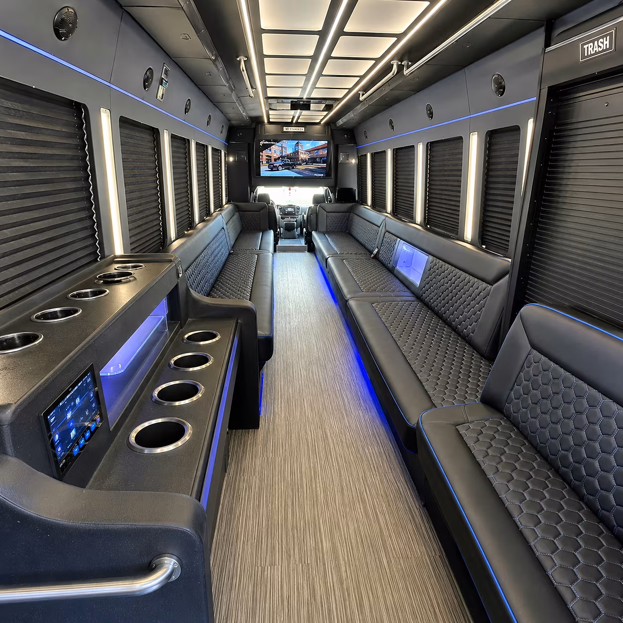 Interior of a party bus rental serving Dallas