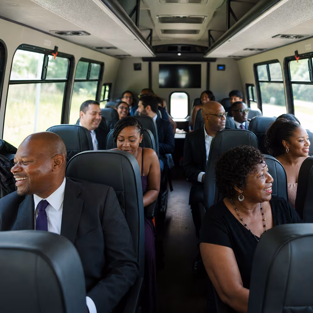 Group boarding a white charter bus for Private Event Transportation transportation in Dallas