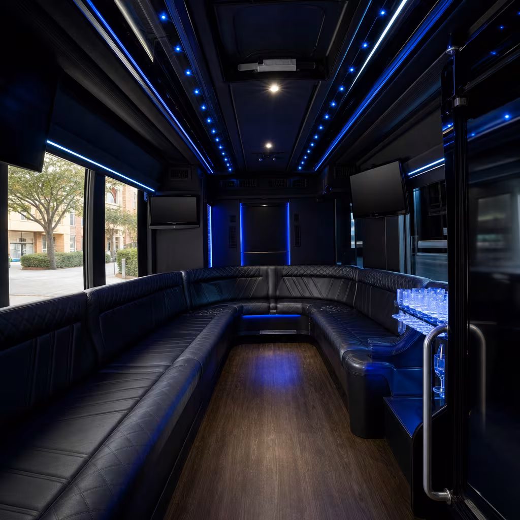 Party bus interior with wraparound leather seating and LED lighting in Dallas