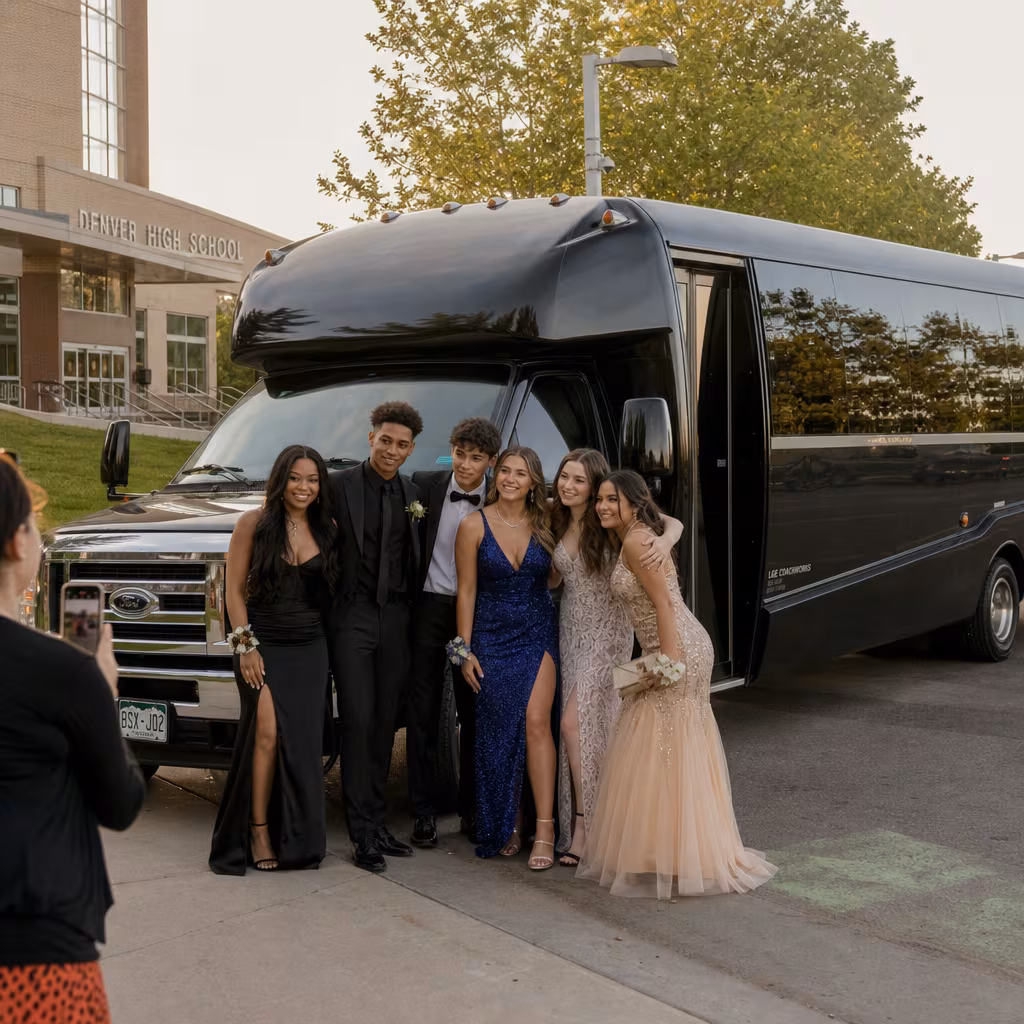 Group boarding a white charter bus for Prom & Homecoming Transportation transportation in Dallas