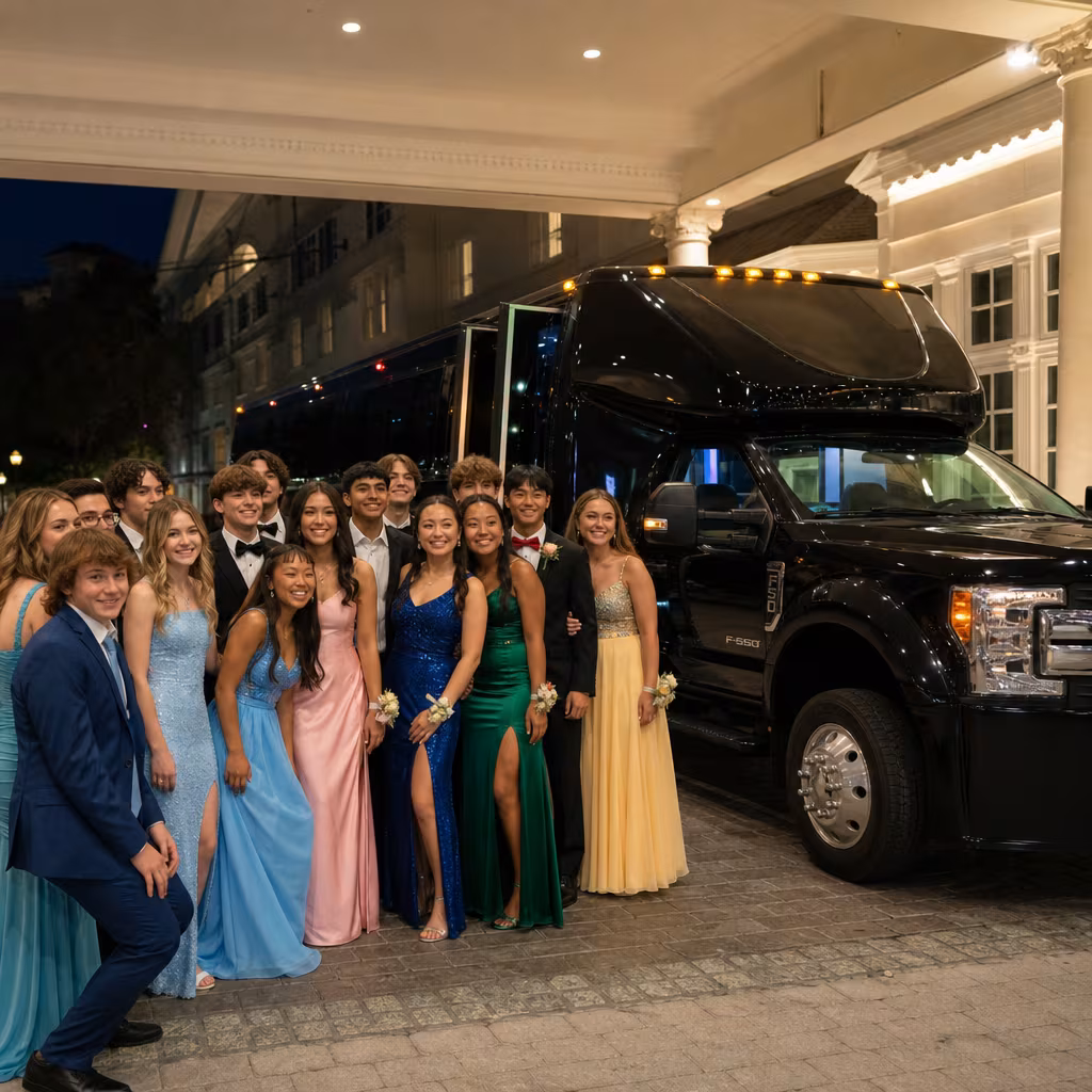 Party bus interior with wraparound leather seating and LED lighting in Dallas
