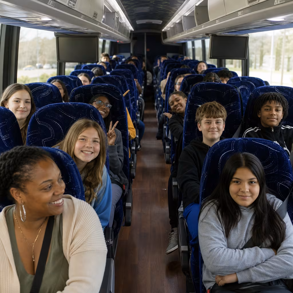 Group boarding a white charter bus for School Transportation transportation in Dallas