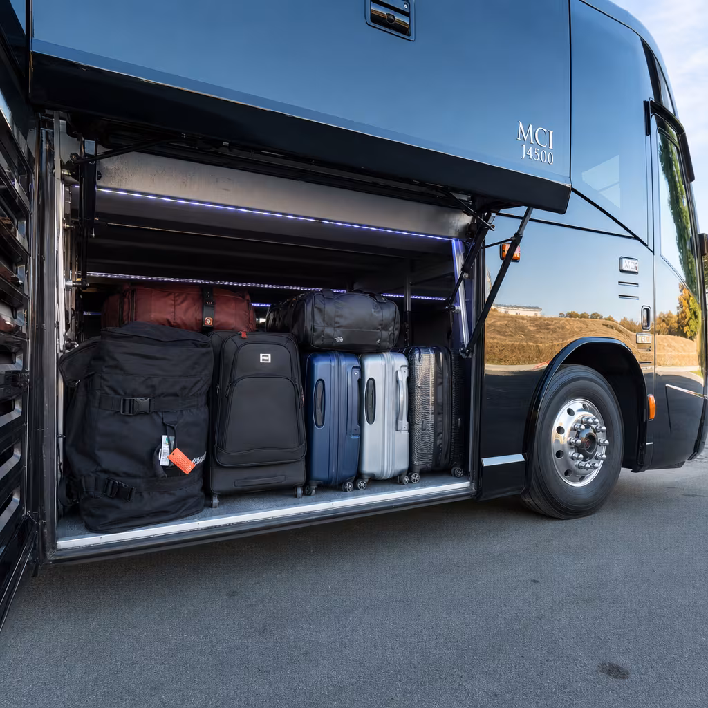 Party bus interior with wraparound leather seating and LED lighting in Dallas