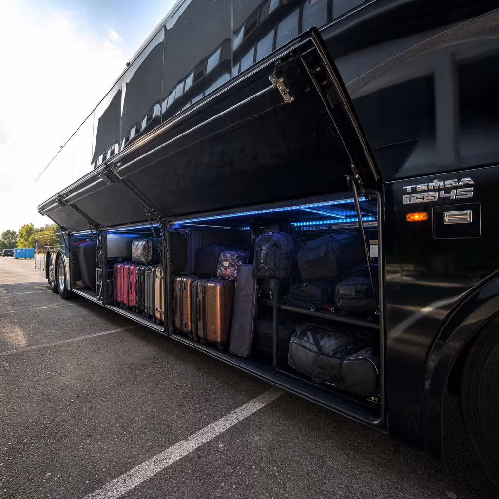 Party bus interior with wraparound leather seating and LED lighting in Dallas