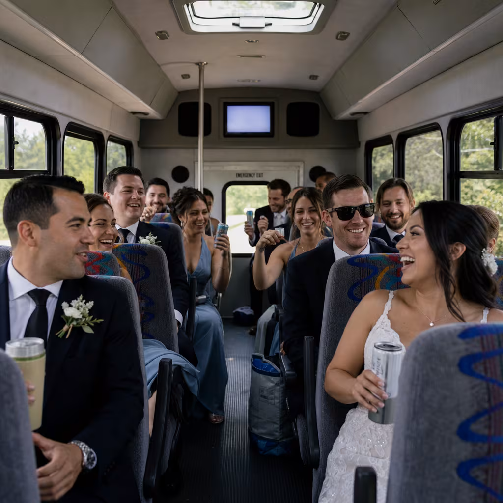 Group boarding a white charter bus for Wedding Transportation transportation in Dallas
