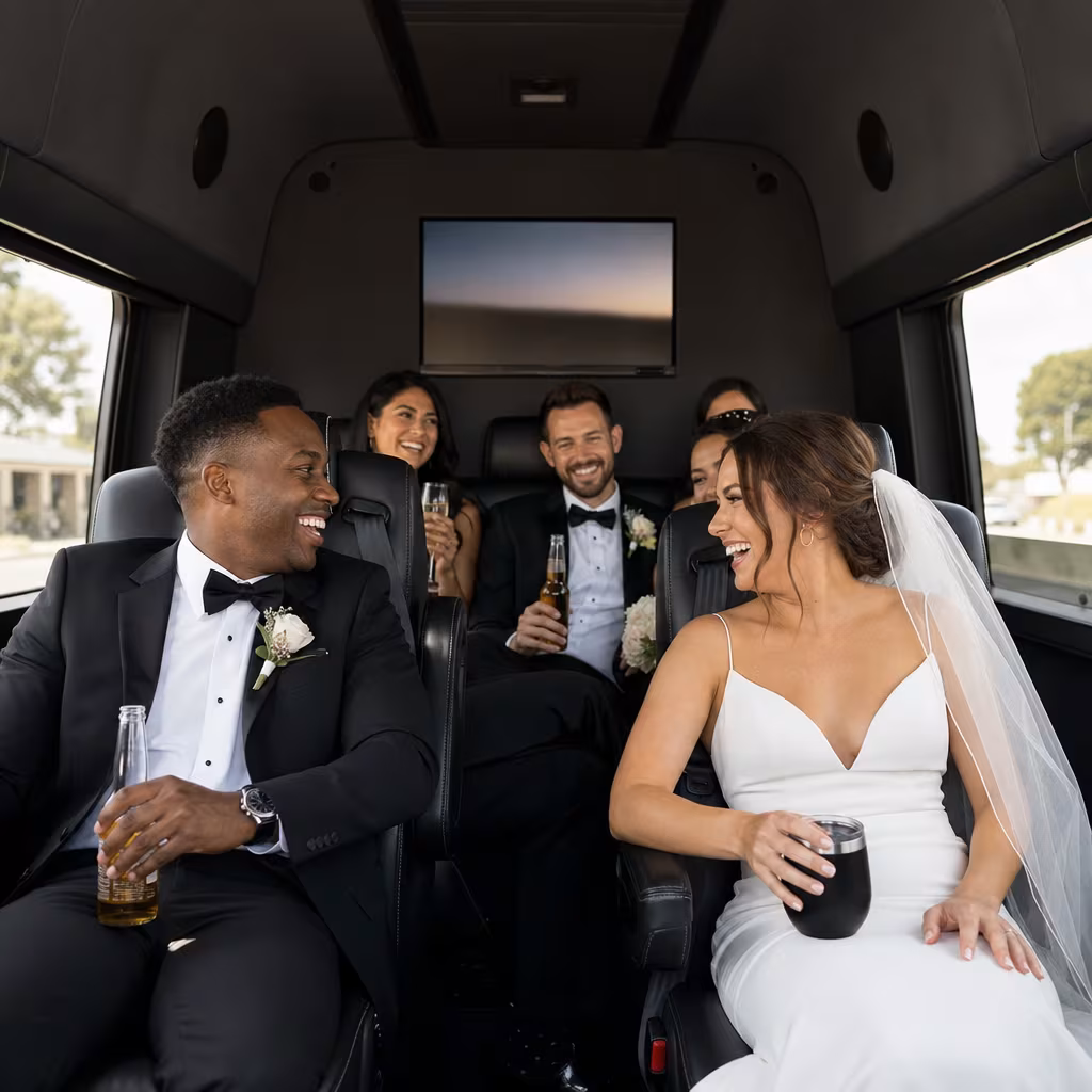 Black Mercedes Sprinter van staged for an Dallas Wedding Transportation group