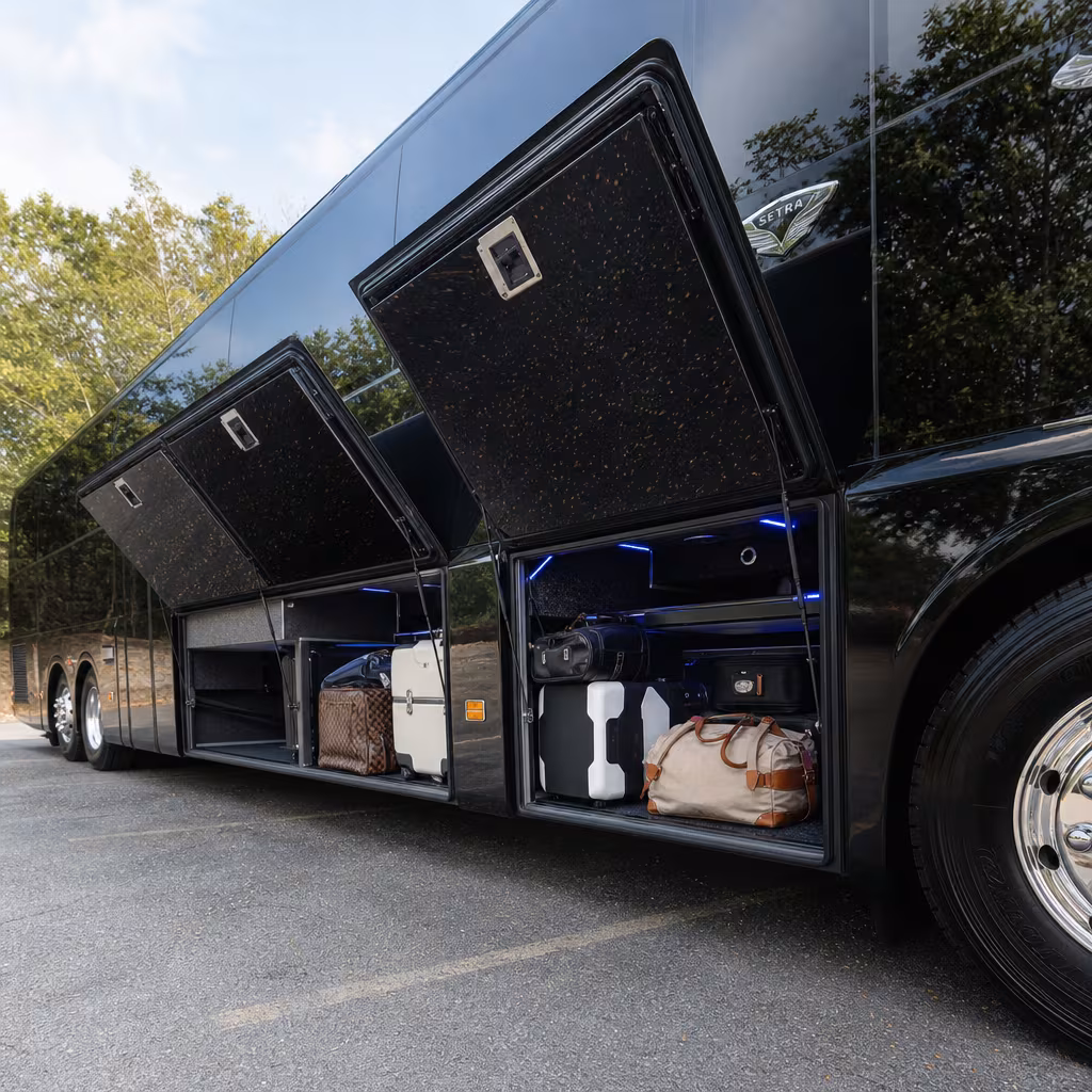 Party bus interior with wraparound leather seating and LED lighting in Dallas