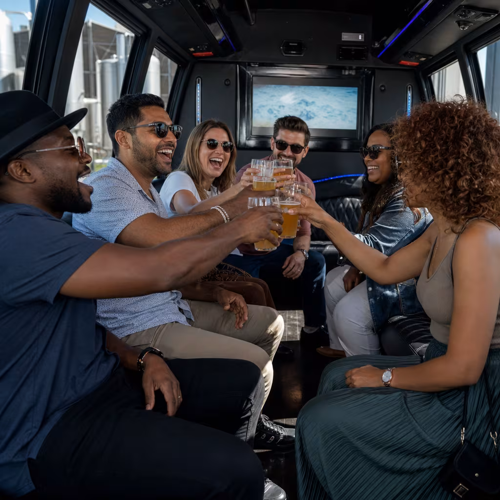 Group boarding a white charter bus for Winery & Brewery Tour Transportation transportation in Dallas